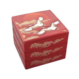 7.5" 3-Tier Square Cranes & Pine Tree Patterned Lacquer Bento Box (TW-IL3-RC-BBL)