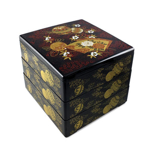 7.5" 3-Tier Square Ornaments & Fans Patterned Lacquer Bento Box (TW-IL3-SM-BBL)