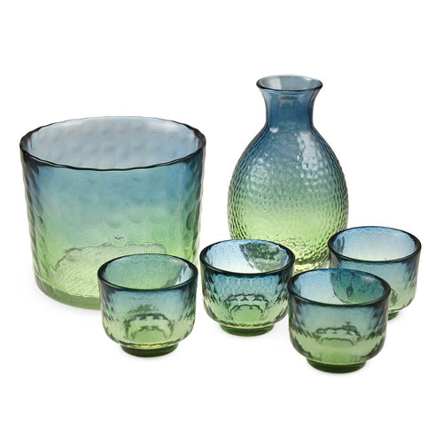 6-Pc Set Glass Sake Bottle/Cups/Bucket Set (TW-70101-BRG)