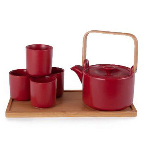 5-Pc Ceramic Tea Set with Bamboo Tray - Tea Pot - 37 oz. (TW-JHS7-RD-TPP)