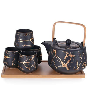 5-Pc Ceramic Tea Set with Marble Flecks - Tea Pot - 37 oz. (TW-JHS8-BK-TPP)