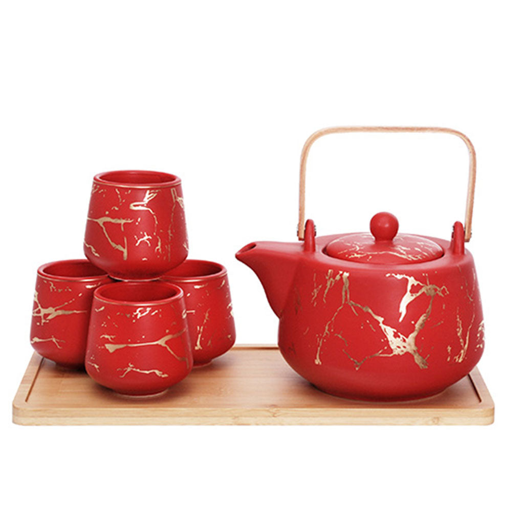 5-Pc Ceramic Tea Set with Marble Flecks - Tea Pot - 37 oz. (TW-JHS8-RD-TPP)