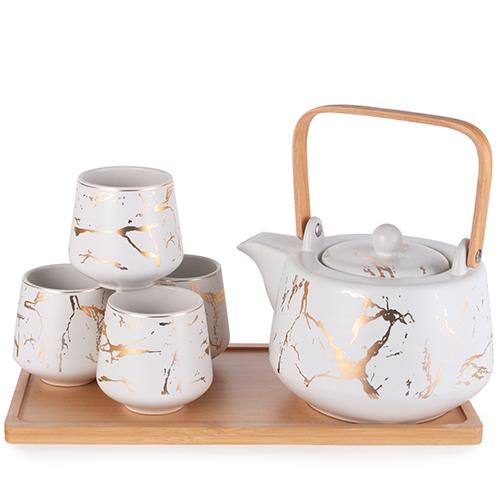 5-Pc Ceramic Tea Set with Marble Flecks - Tea Pot - 37 oz. (TW-JHS8-WH-TPP)
