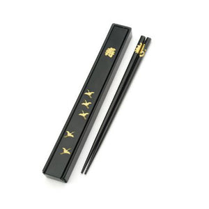 Single Pair Chopsticks with Case Set - Black with Gold Cranes Pattern (TW-KS1-B-CHB)