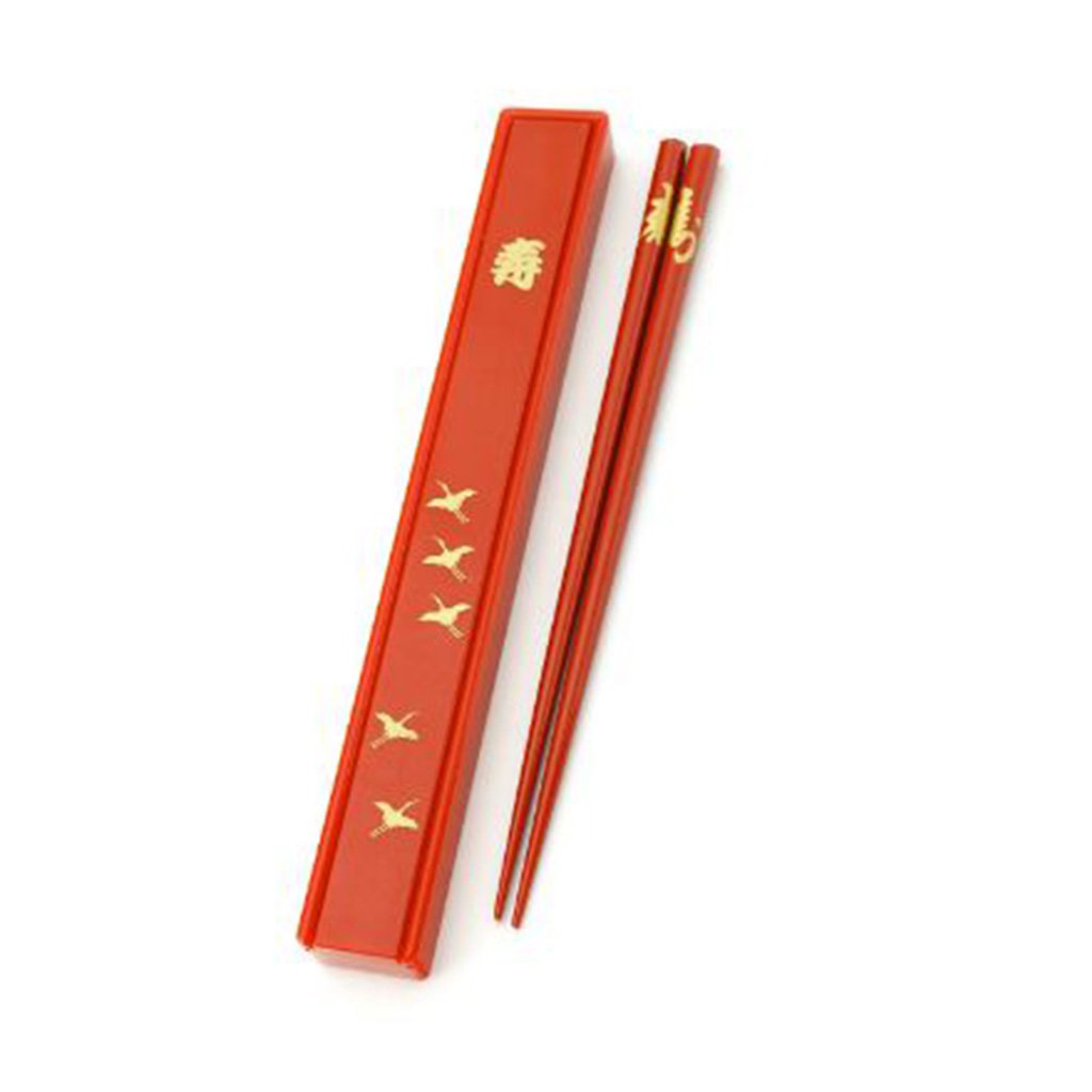 Single Pair Chopsticks with Case Set - Red with Gold Cranes Pattern (TW-KS1-R-CHB)