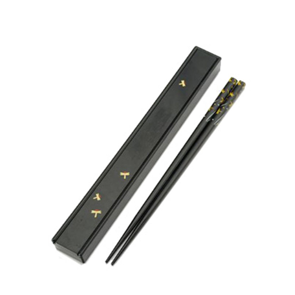 Single Pair Chopsticks with Case Set - Black with Gold Dragonfly Pattern (TW-KS5-B-CHB)