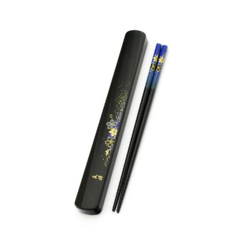 Single Pair Chopsticks with Case Set -  Black with Blue Momiji Pattern (TW-KS8-B-CHB)