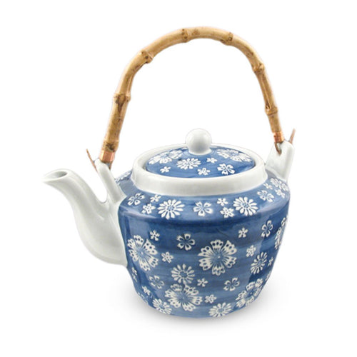 Japanese Flowers Pattern Teapot with Bamboo Handle & Stainless Steel Mesh Strainer - 68 oz. (TW-TP73-TPP)